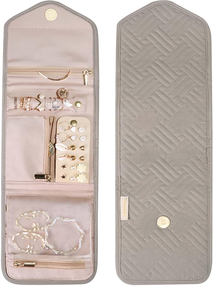 BAGSMART Travel Jewelry Organizer Case Foldable Jewelry Roll,Warm Gray