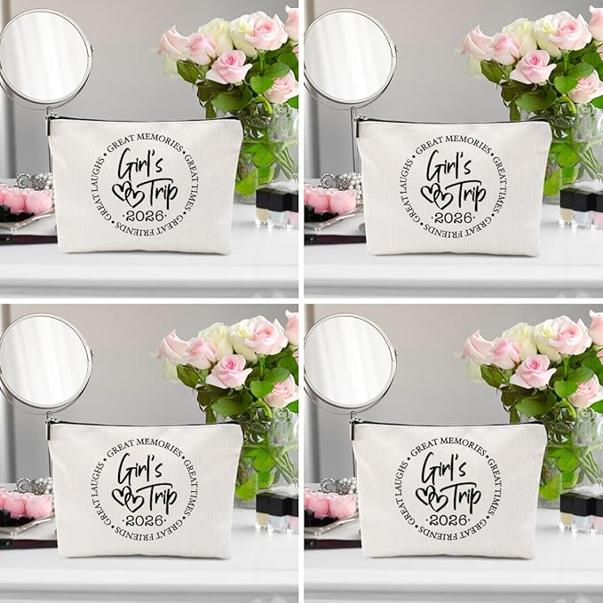 BQXH 4 Pcs Girls Trip Gifts Favors, Girls Weekend Gifts Makeup Bag, Bestie Weekend Bag Toiletry Bag with Liner, Vacation Cosmetic Bag, Friendship Gift for Women Friend Daughter, Graduation Gift