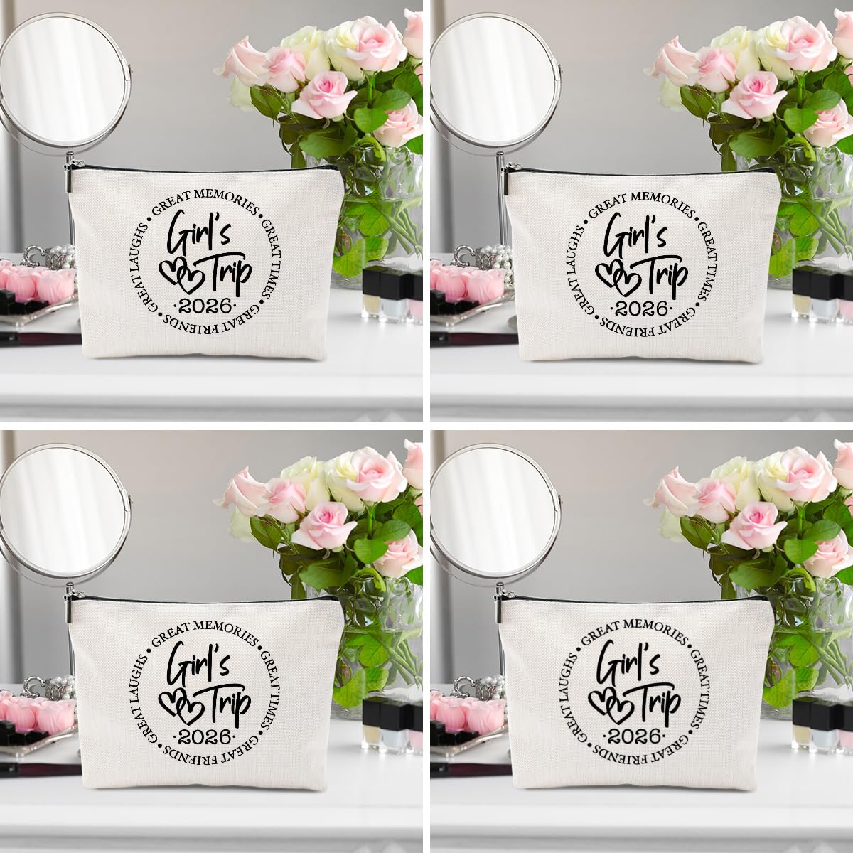 BQXH 4 Pcs Girls Trip Gifts Favors, Girls Weekend Gifts Makeup Bag, Bestie Weekend Bag Toiletry Bag with Liner, Vacation Cosmetic Bag, Friendship Gift for Women Friend Daughter, Graduation Gift
