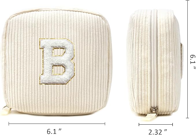 Cute Monogram Personalized Initial Makeup Bag - Cosmetic Pouch for Women, Her, Best Friend, Sister, Teacher - Birthday Gift (Letter B, Beige)