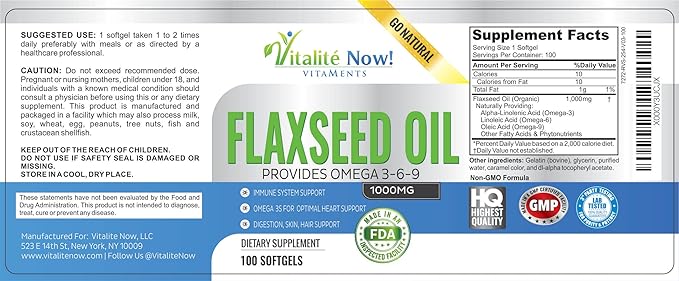 Vitalité Now! Organic Flaxseed Oil Softgels - 1000mg Premium, Virgin Cold Pressed from Flax Seeds - Hair Skin & Nails Support - Omega 3-6-9 Supplement - 100 Count - More Than 3 Month Supply!