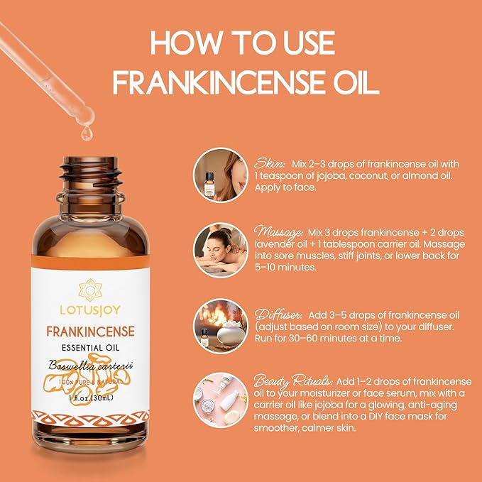 LOTUSJOY Frankincense and Myrrh Essential Oil, for Skin, Hair, 2 x 1 Oz