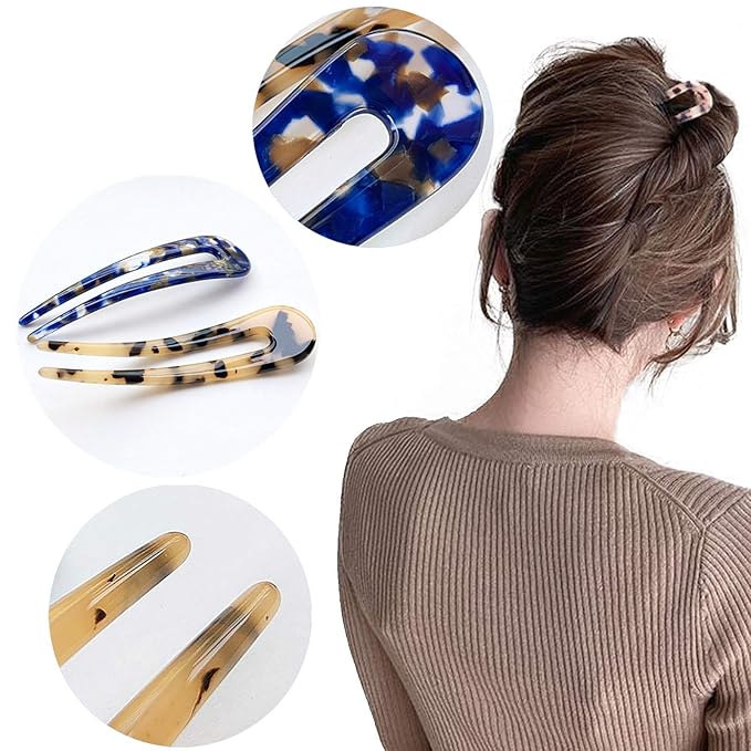HYFEEL French Hair Forks Tortoise Shell U Shape Updo Hair Pins Clips for Thin Thick Hair, 4.3 inch Classic Cellulose Acetate 2 Prong Bun Hair Sticks Chignon Women Vintage Hairstyle Accessories, 3 Pack