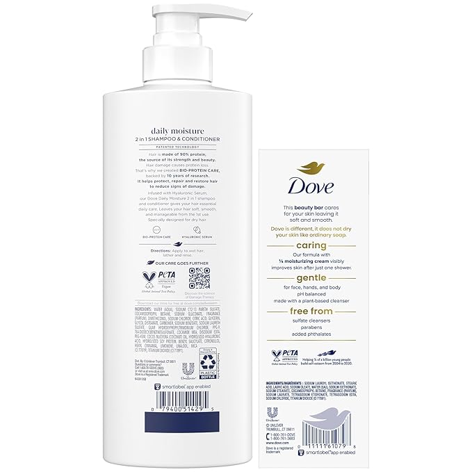 Dove Shampoo & Conditioner 2-in-1 + Beauty Bar Soap 8-Pack – Deep Hydration for Revitalizing Dry Hair and Skin (9-Piece Set)