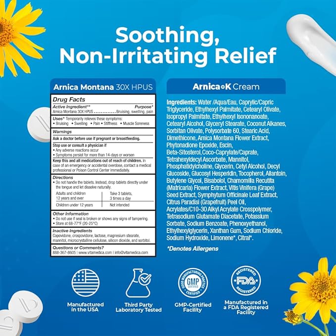 VitaMedica Arnica Montana Tablets & Arnica Cream Bundle - 150 Rapid Dissolve Tablets + 0.5 oz Vitamin K Topical Cream