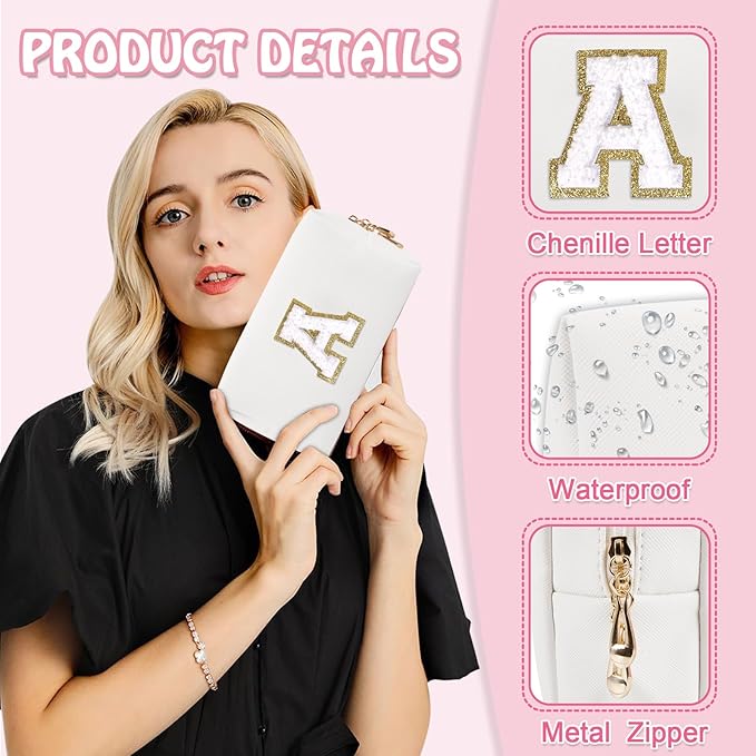 Personalized Initial Preppy Patch Makeup Bag, Small Travel Cute Cosmetic Pouch Makeup Case Organizer Toiletry Zipper Pouch, Waterproof Chenille Letter Storage Bag Gift for Women Friendship(Letter A)