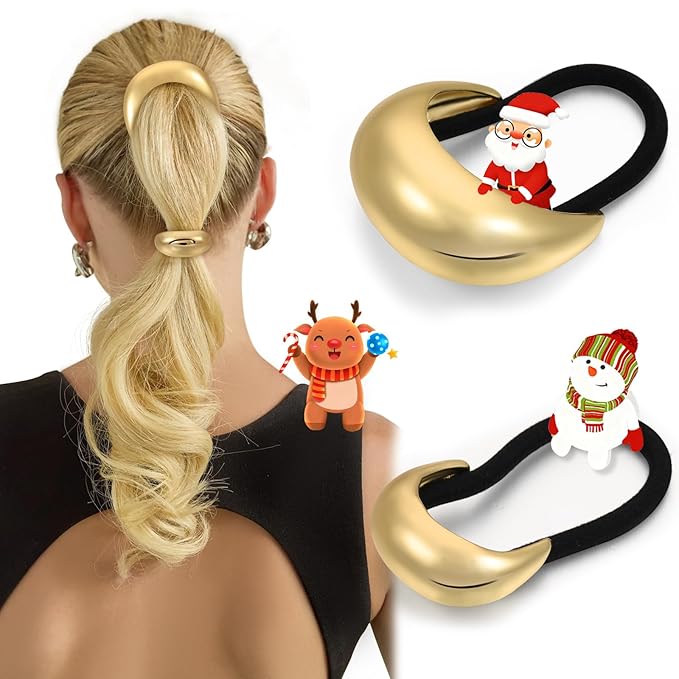 2PCS Gold Hair Ties for Women - Metal Hair Accessories for Thick Hair, Elegant and Durable Geometric Design, Ponytail Cuffs Stretchy Non-Damage