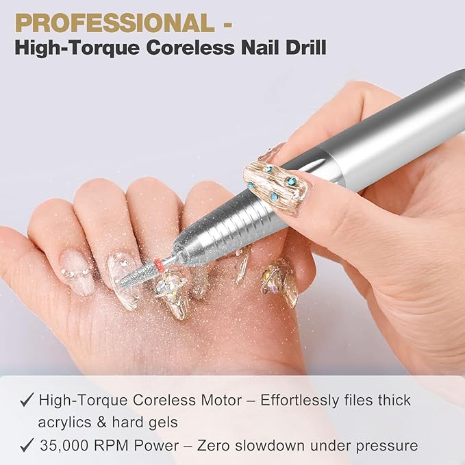 Professional Portable Nail Drill, AZ GOGO 35000RPM Rechargeable Cordless Electric Nail Drills for Acrylic Gel Nails - 60W Coreless Motor Quieter, High Efficiency Pro E-File for Salon & Home
