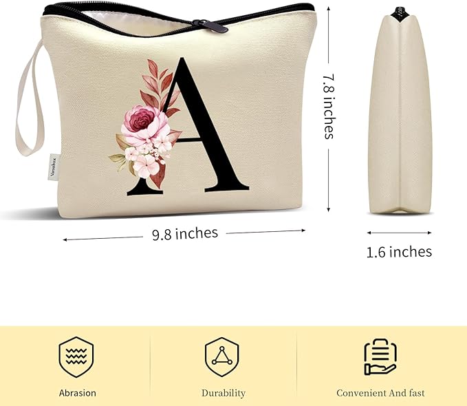 Vavabox A-Z Personalized Makeup Bag, Birthday Gifts for Women Mom, Gifts for Best Friend, Bride Bridesmaid Cosmetic bag (A, Cream Yellow)