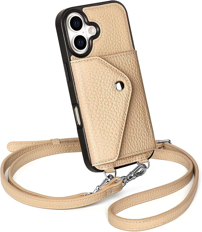 LUCKYCOIN Crossbody Phone Case for iPhone 17,100% Genuine Leather Phone Wallet Case for Women, Fashion Premium Hands-Free Phone Purse with Expandable Flip Card Holder & Adjustable Strap - Pebble Beige