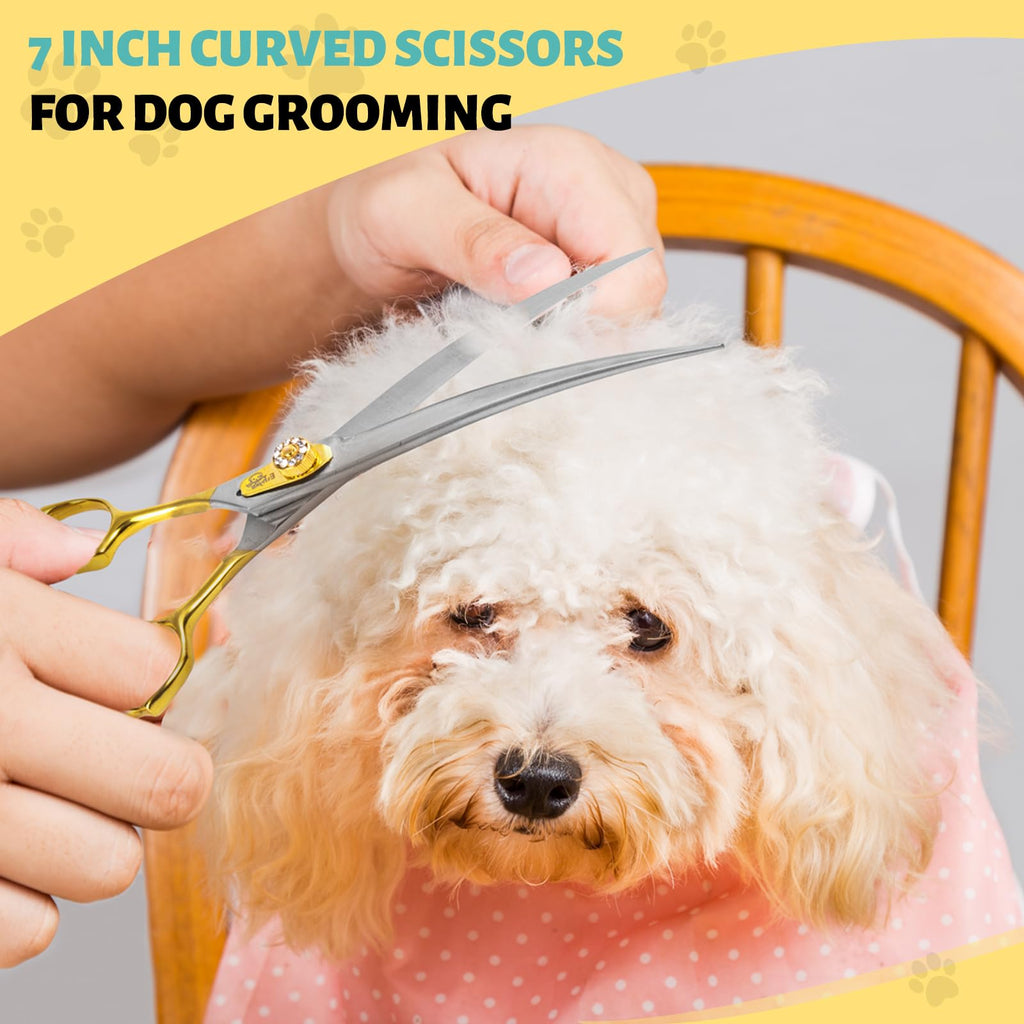 Ethyxe 7 Inch Curved Dog Grooming Scissors Made Of 440C Stainless Steel Professional Downward Curved Pet Face Trimming Shears with Jewelled Screw, Sharp & Comfortable for Groomers