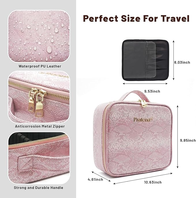 PRALENA Travel Makeup Bag with LED Mirror – 3 Brightness Modes, Portable Lighted Makeup Case with Adjustable Dividers, Cosmetic Organizer Gift for Women (Pink)