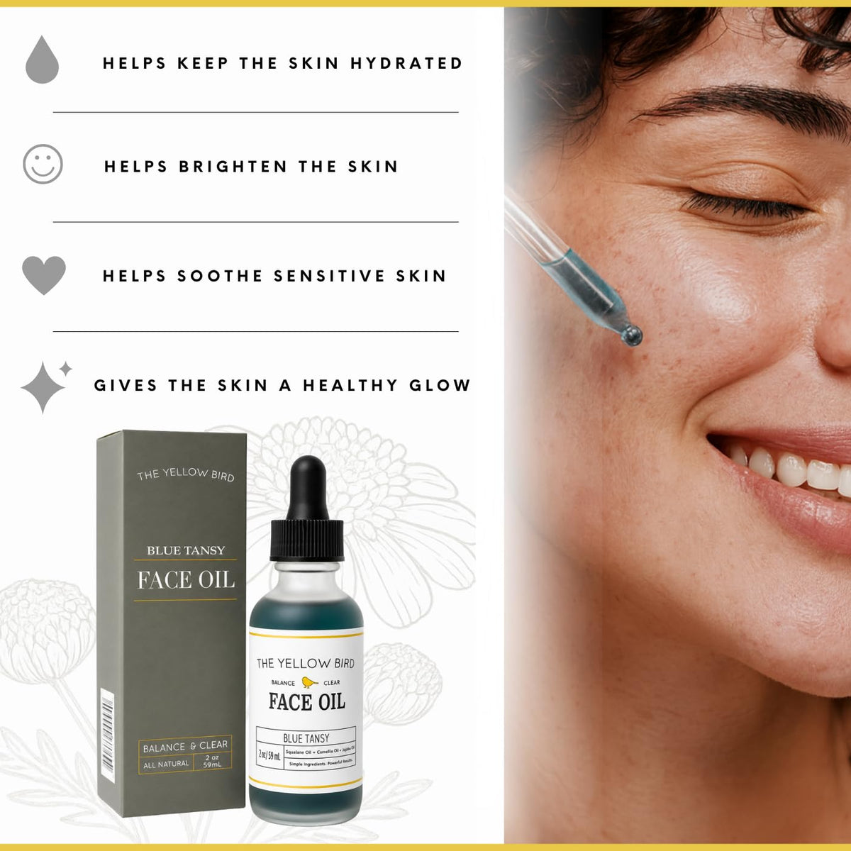 Yellow Bird Balancing Blue Tansy Face Oil 2 oz / 59 ml – Skin Glowing Serum. Collagen Support. Promotes Clear Skin Naturally. Wrinkle, Blemish & Pore Minimizer. Natural, Vegan Facial Moisturizer.