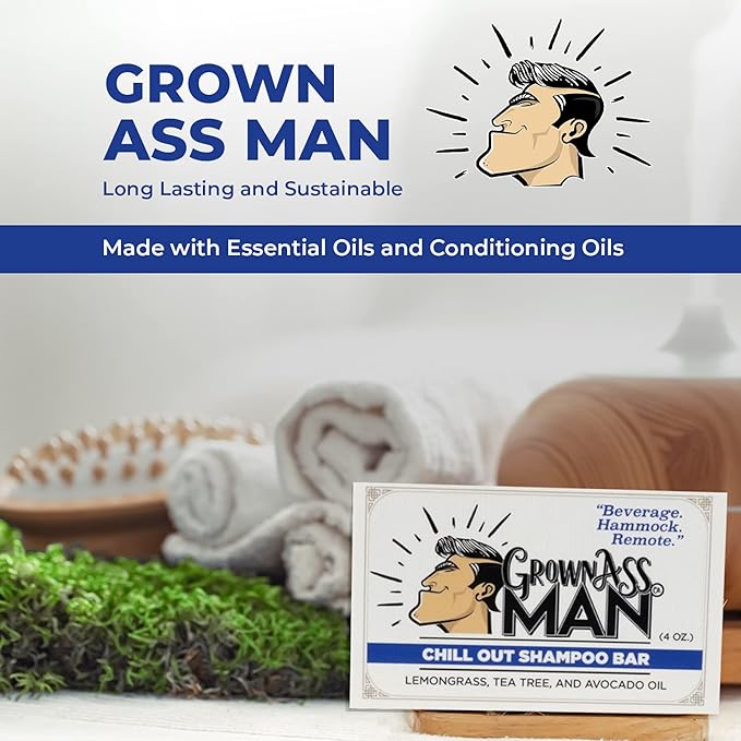 Grown Ass Man Co. - Solid Shampoo Bar Rich Lather 3 in 1: Hair, Beard & Body Wash - Plastic Free & Eco-Friendly, Natural & Organic Clean for All Hair Types, 4oz Bar (Chill Out, 6-Pack)