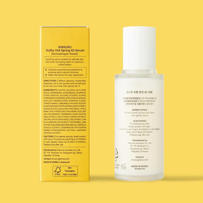 SINSURU Sulfur Hot Spring Water 82% Soothing Serum with Ceramide, Panthenol, Hyaluronic acid, Hydrating, Glass skin, Non comedogenic, for Dry Skin, Acne-Prone, Korean Skin Care (1.79 fl.oz. 53ml)