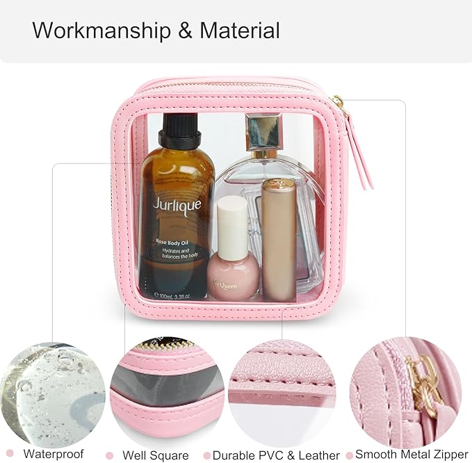 Yeeits Clear Makeup Bag Travel Size Toiletry Bag Organizer Case Quality PU Leather Transparent Small Cosmetic Bag Car Bag for Essentials with Durable Zipper (Pink)