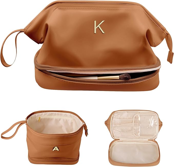 Female Gifts, Personalized Makeup Bag, Monogrammed Gifts, Initial Double Layer Cosmetic Bag with Makeup Brush Organizer, Travel Toiletry Bag, Gifts for Friends Female Mom, Teen Girl Gifts