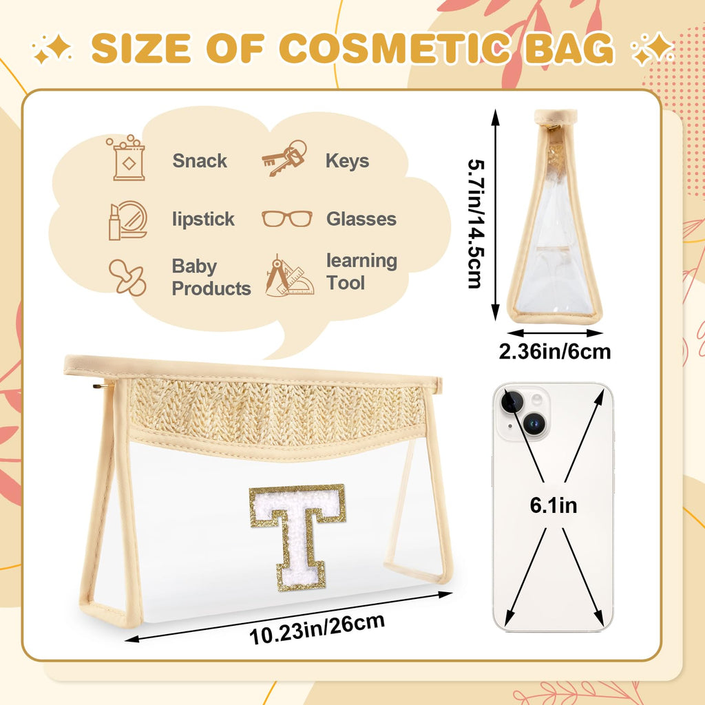 UIXIZQ Personalized Initial Letter Bag Boho Straw Clear Makeup Bag,Small Cute Chenille Varsity Letter Bag With Zipper,Beach Travel Toiletry Bag,Portable Monogrammed Cosmetic Bag for Women Girls,T