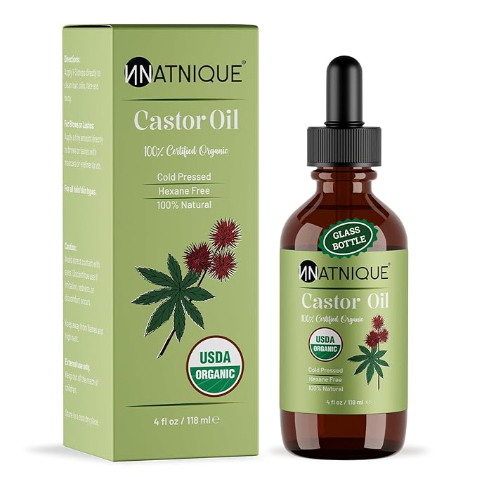Natnique Castor Oil – USDA Certified Organic, 100% Pure Cold Pressed Unrefined Oil for Hair Growth, Eyelashes, Eyebrows & Scalp – Natural Skin Moisturizer, Lash Serum & Hair Treatment (4 oz)