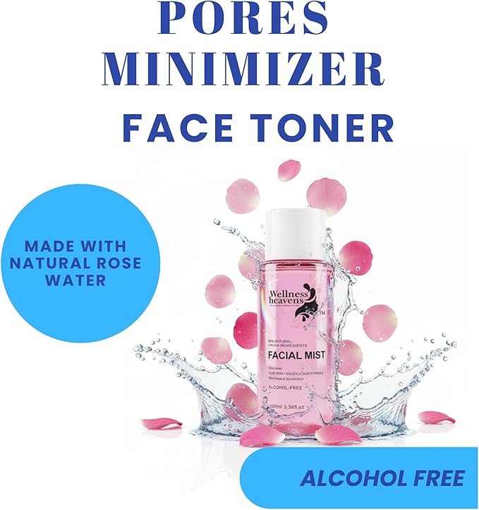 Wellness Heavens Hydrating Korean Facial Toner with Witch Hazel, Aloe Vera & Glycolic Acid – Alcohol Free Face Mist for Dry & Sensitive Skin, Pore Minimizing Daily Toner for Glowing Skin - 100ml
