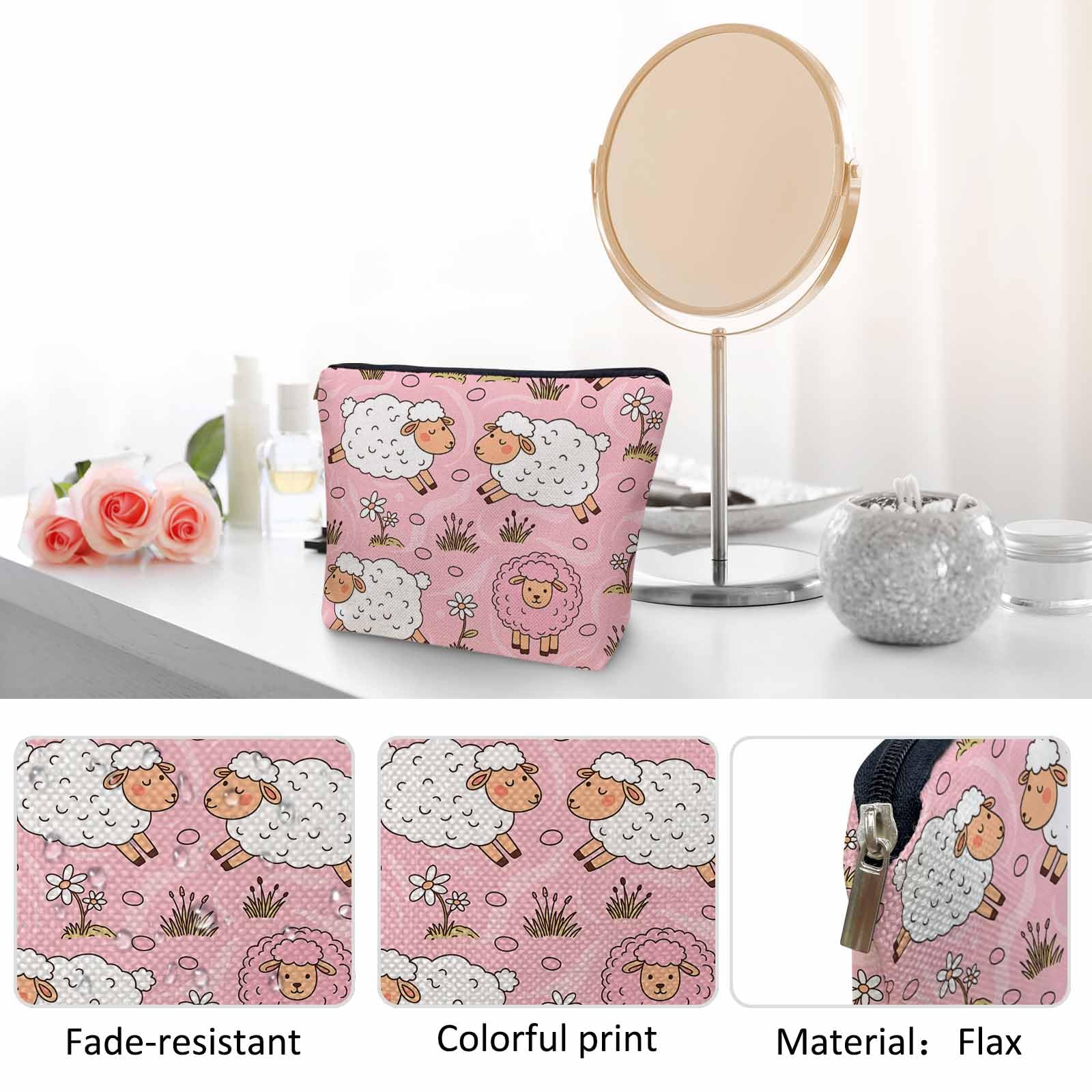 Kalygon Makeup Bag For Purse Sheep, Farm Animal Weed Flower Sheep Cosmetic Bags For Women With Zipper Travel Toiletry Pouch Makeup Bags Makeup Organizers Purse For Toiletries Cosmetics