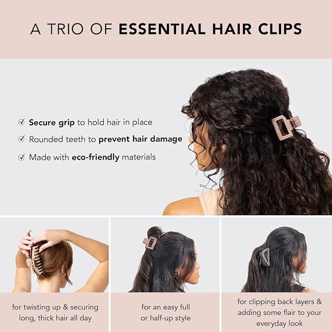 Kitsch Large Assorted Hair Clips for Women, Medium Open Shape Hair Claw Clips for Thick Hair, Small Open Shape Hair Clip & Big Claw Clip for Teen Girls, 3 pcs