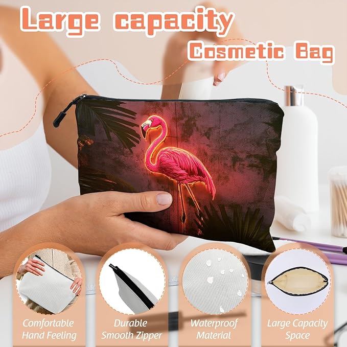 Scribesense Cosmetic Bags Travel Makeup Toilet Case Waterproof Pouch for Women Girls 6.7X9.45inches - Pink Flamingo With Neon Lighting