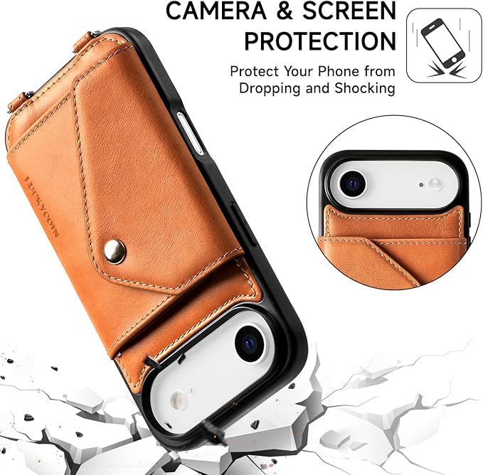 LUCKYCOIN Crossbody Phone Case for iPhone Air,100% Genuine Leather Phone Wallet Case for Women,Fashion Premium Hands-Free Phone Purse with Expandable Flip Card Holder & Adjustable Strap - Retro Brown