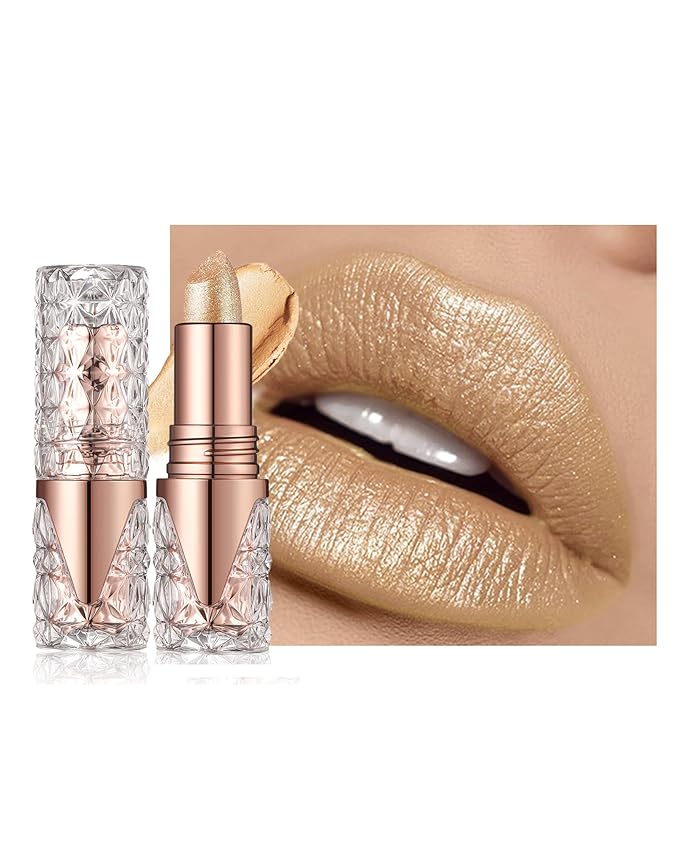 Glitter Light Gold Lipstick for Women,Long Lasting Metallic Lipstick Makeup