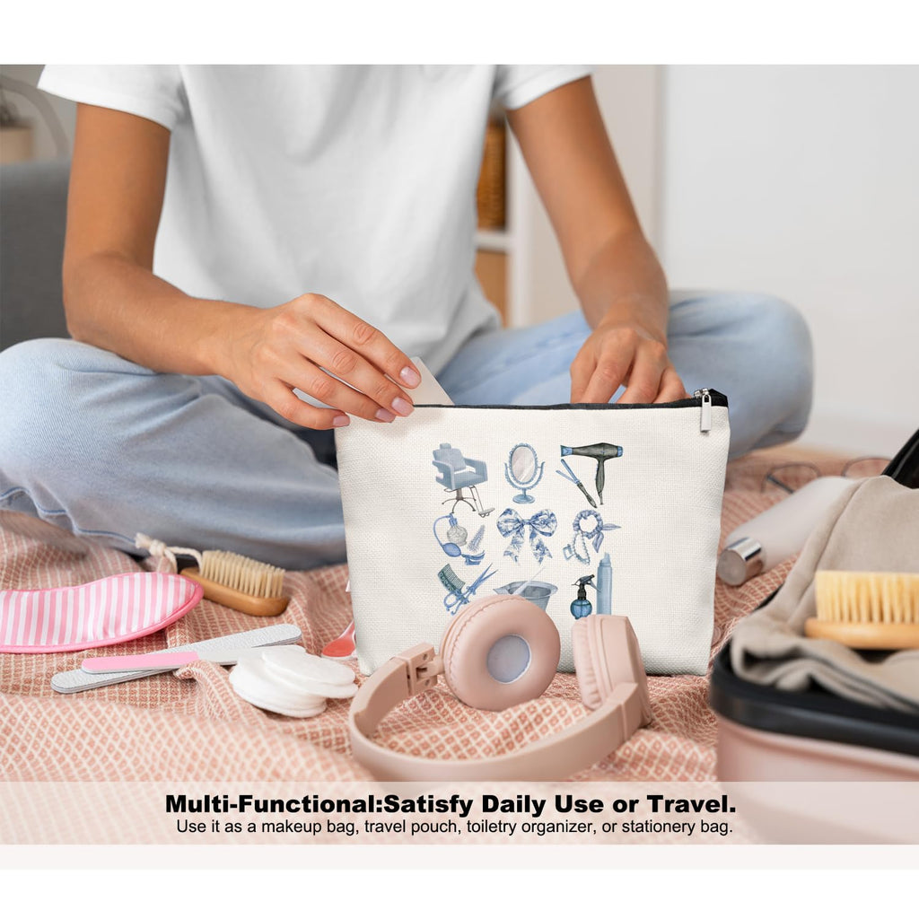 EKGJW Blue Chinoiserie Bow Hairstylist Makeup Bag, Cosmetology Student Gift for Women, Cute Hairdresser Travel Pouch, Aesthetic Blue Toile Salon Organizer for Teen Girls, 7.5 x 10 in