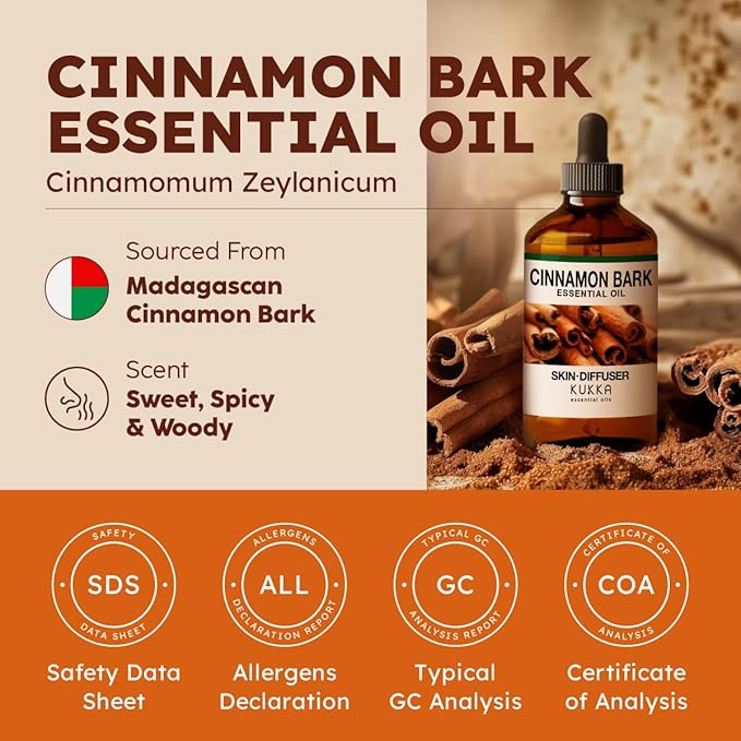 100% Pure Cinnamon Oil - 4 Fl Oz Cinnamon Essential Oil for Hair, Skin, Diffuser, Aromatherapy & DIY Soap Making Scent