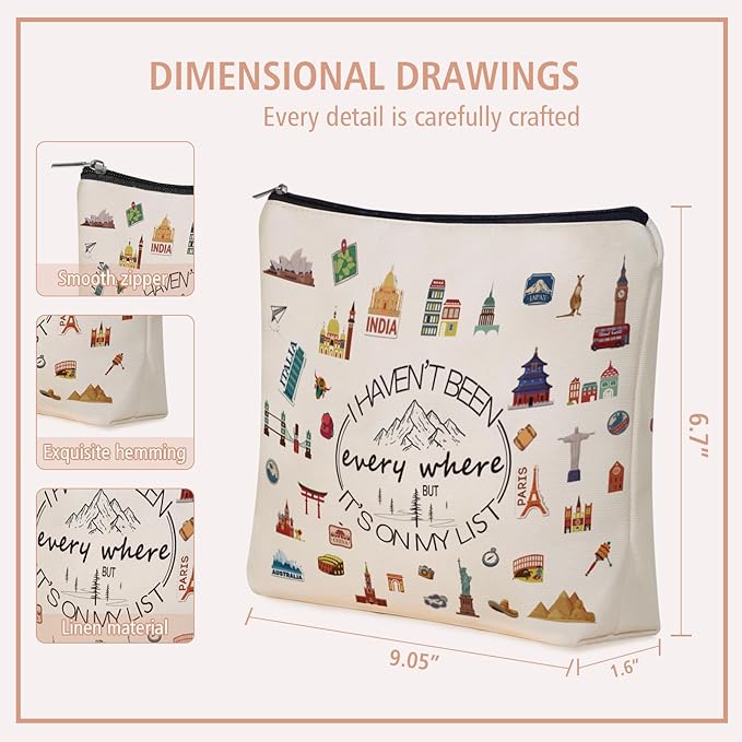 Girlly World Travel Gifts For Women Travelers: Cute Makeup Bag I Haven't Been Everywhere But It's on My List For Teen Girl & Women.Ideal Trip Themed Cosmetic Bag Gift For Travel, Birthdays, holiday.