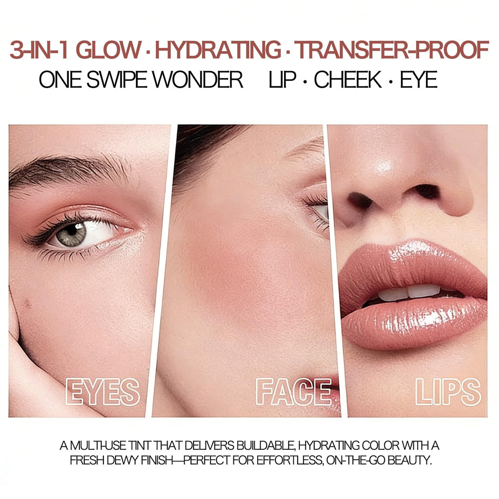 Plum Lip Tint & Gloss 3-in-1 Multi-Use Stick, Cream Blush Eyeshadow Base, Waterproof & Transfer-Proof Lip Stain, All-Day Hydrating Wear #Pink