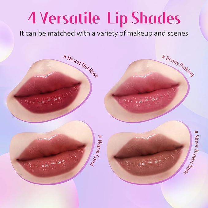 bayfree Tinted Lip Oil Stain Set 4 Shades, Non-Sticky Long-Lasting Hydrating High Shine Lip Gloss with Vitamin E, Fragrance-Free Vegan Korean Liptint for Dry Lips, Under Lipstick & Daily Wear