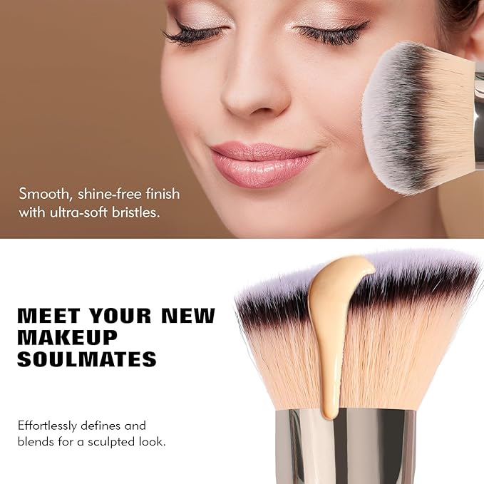 Dual-Ended Foundation Brush: Round & Angled makeup brushes, 100% Vegan Synthetic Makeup Brush for Flawless Blending and Application of Liquid, Powder, Cream, Blush