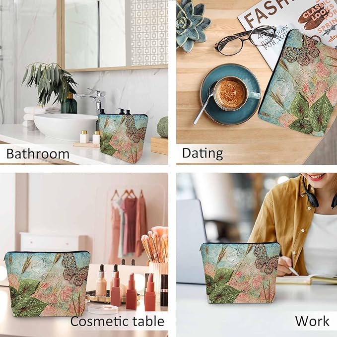 Kalygon Women Cosmetic Bag Butterfly, Pond Green Leaves Floral Butterflies Cute Makeup Bag For Purse Cosmetic Travel Bag For Toiletries Makeup Storage Bag Flax Skincare Bag Make Up Pouch Bags
