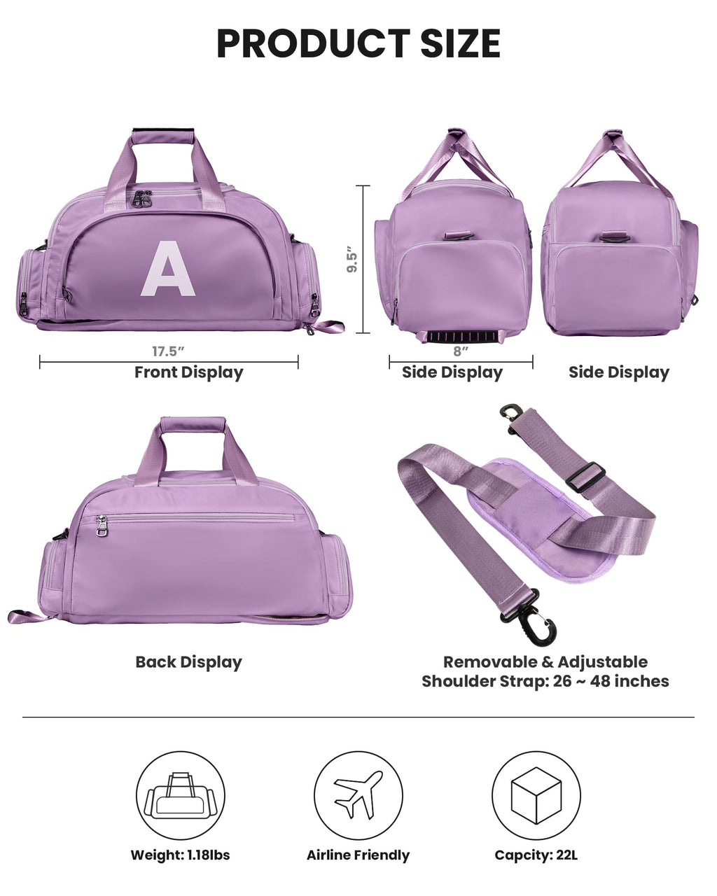 Vogewood Initial Gym Bags with Shoe Compartment, Sweet 16 Gift for Girls