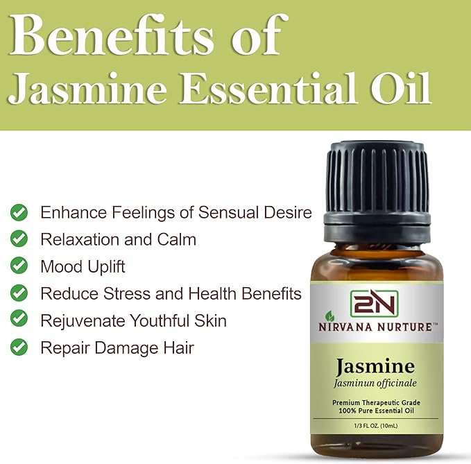 Nirvana Nurture Jasmine Essential Oil, 100% Pure Undiluted, Aromatherapy Oil for Diffuser, Hair & Skin Care