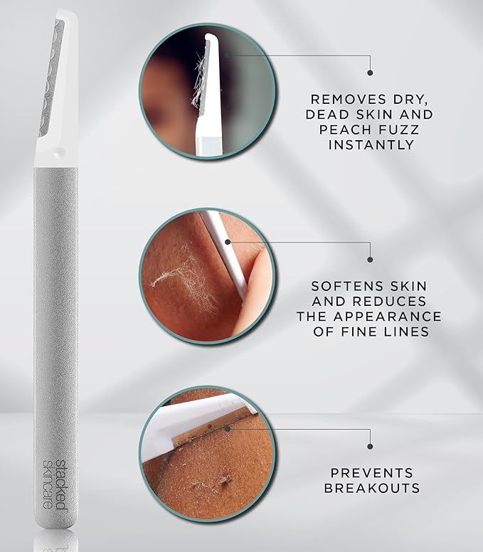 StackedSkincare Professional-Grade Dermaplaning Tool – Precision Exfoliation, Removes Peach Fuzz & Dead Skin, Aluminum Handle, Refillable Blades