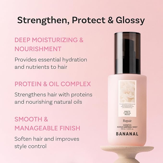 BANANAL Korean Scented Hair Serum Mist – Argan Oil & Silk Protein Ampoule for Nourishing, Frizz Control, Damaged Repair & Glass Hair Shine – White Floral Musk, 100ml / 3.38 fl oz