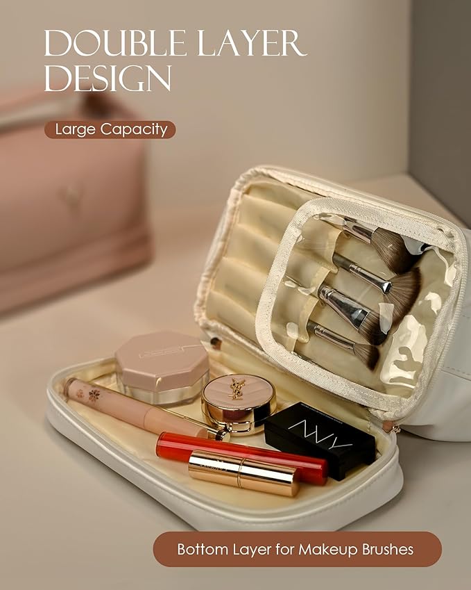 Trendy Gifts for Women, Personalized Makeup Bag with Handle, Initial Double Layer Cosmetic Bag with Makeup Brush Organizer, Cute Cosmetic Pouch for Women, Gifts for 20 Year Old Female