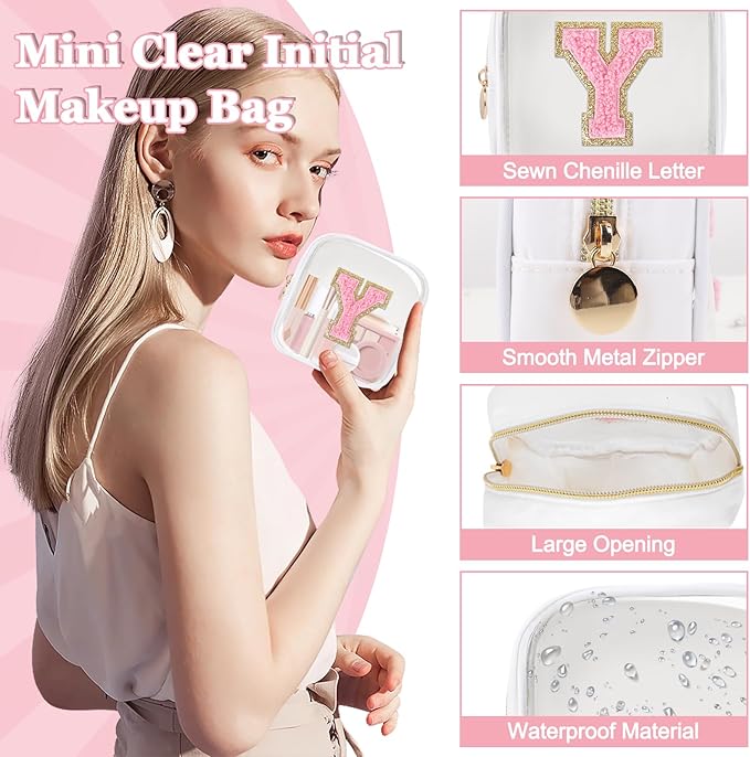 Iqimott Mini Clear Personalized Initial Makeup Bag, Small Preppy A-Z Chenille Letter Patch Cosmetic Pouch, Transparent PVC & Nylon Waterproof Zip Beach Toiletry Bag,Gift for Women Girls(White-Pink Y)