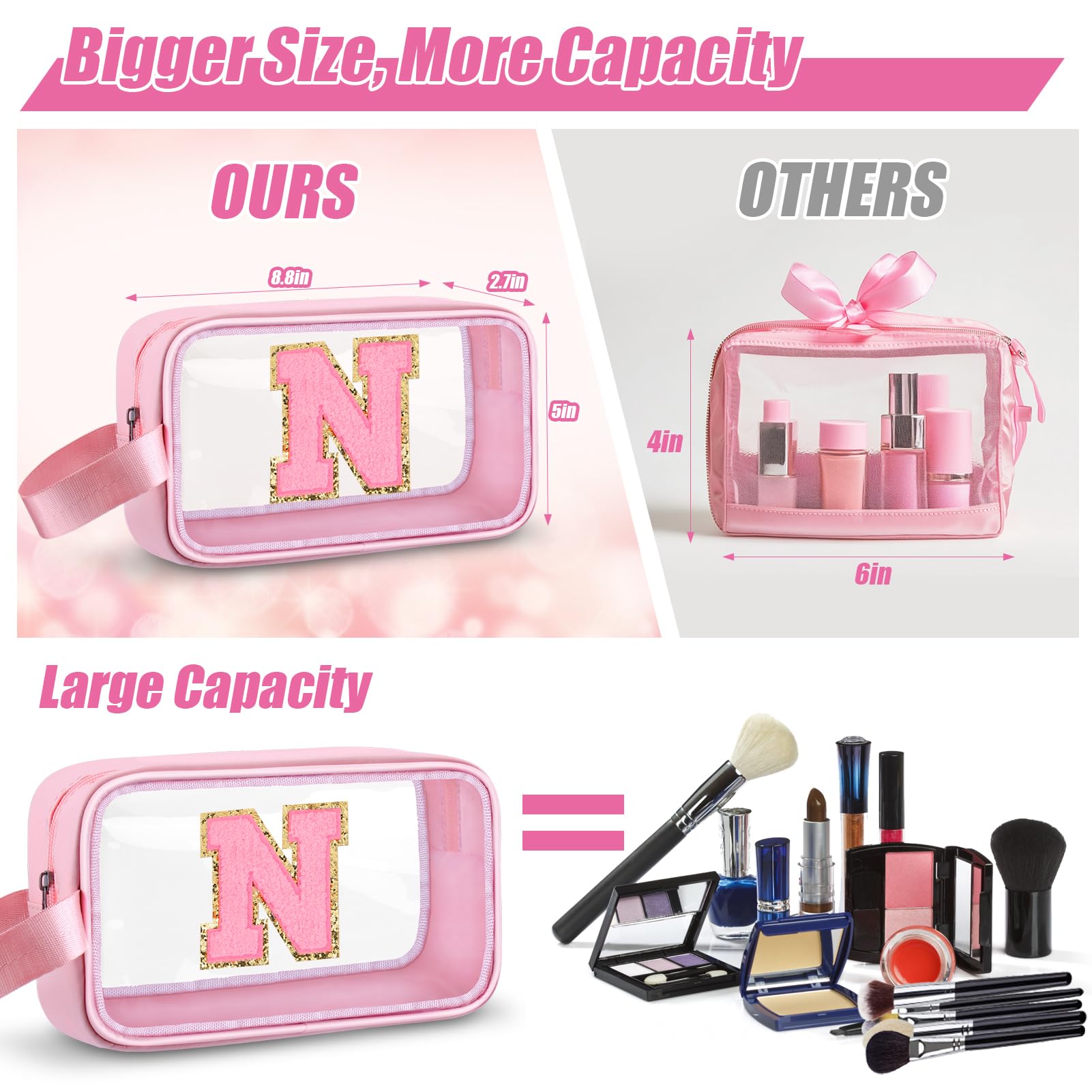 Vodolo Initial Makeup Bag,Letter N Cute Clear Monogrammed Cosmetic Travel Bag for Womens Girls,Personalized Pink Aesthetic Traveling Make Up Organizer Bag for Beach,Waterproof Toiletry Bag