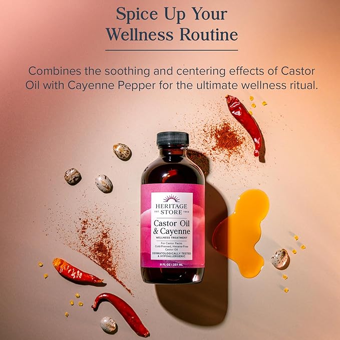 HERITAGE STORE Castor Oil & Cayenne - Cold Pressed Organic Castor Oil Pack Wrap - Heat Compress for Abdomen, Joints, Overall Wellness - with Cayenne Pepper - Hypoallergenic, Vegan, Cruelty Free, 8oz