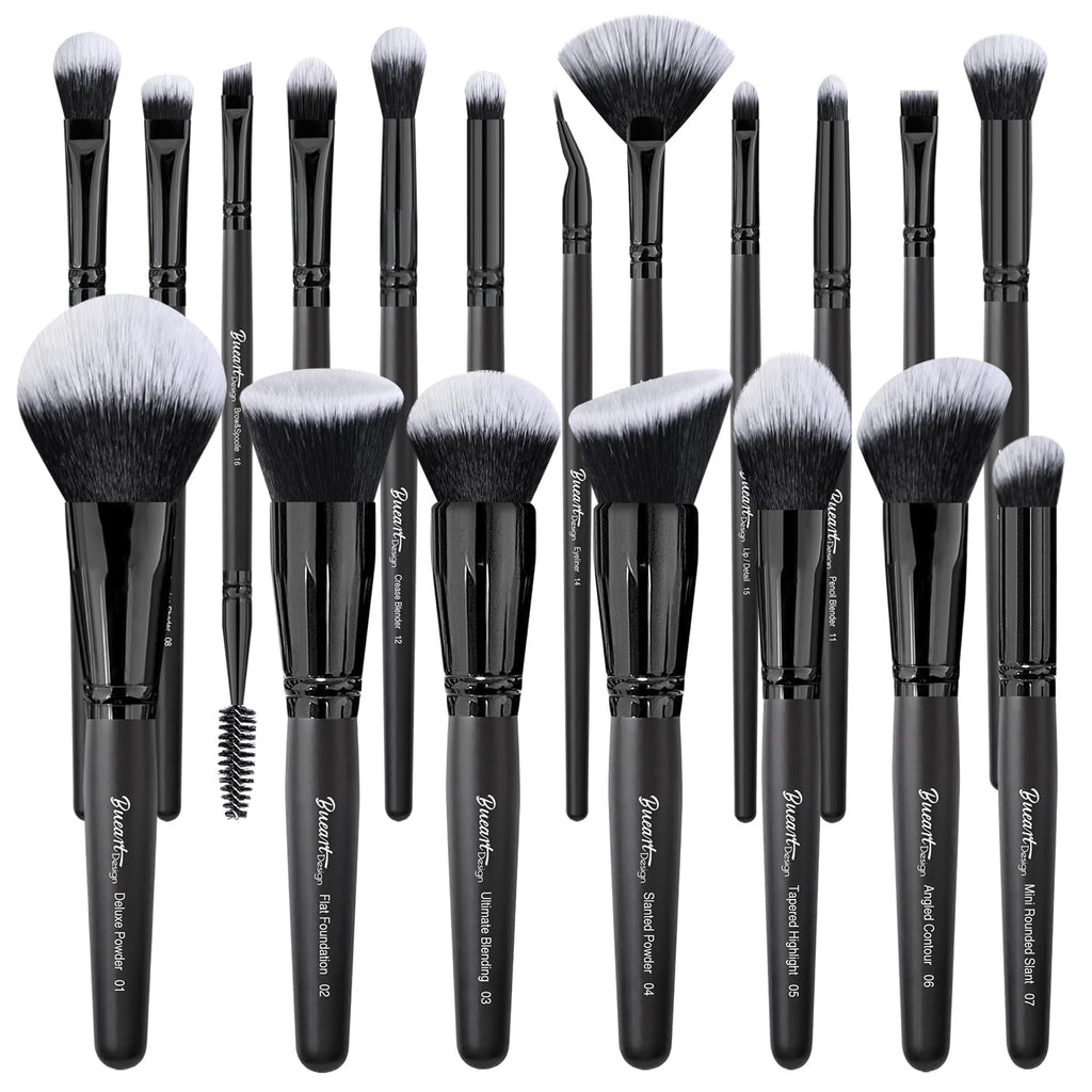 Bueart Design 19Pcs Ultra Soft Black Labeled Dense Hair Makeup Brushes Set