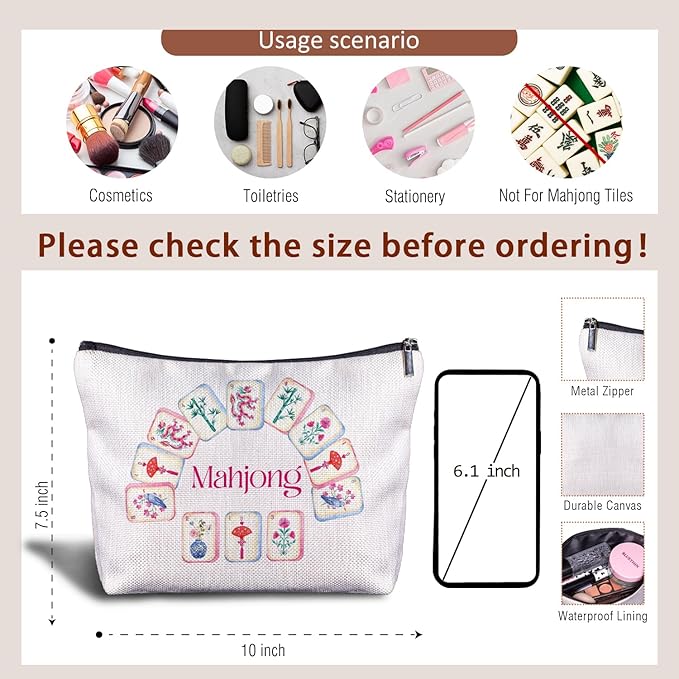 Zomhix Chinoiserie Chinese Mahjong Makeup Bag, Mah Jong Gifts for Women Cosmetic Bags, Gifts for Mahjong Players Lovers Makeup Zipper Pouch