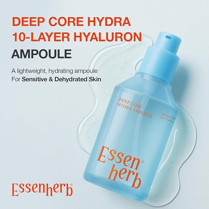 Essenherb Deep Core Hydra Ampoule – Phyto Mucin & 10-Type Hyaluronic Acid | Skin Repair & Moisture Locking Facial Serum | Korean Skincare (4.05 fl oz)
