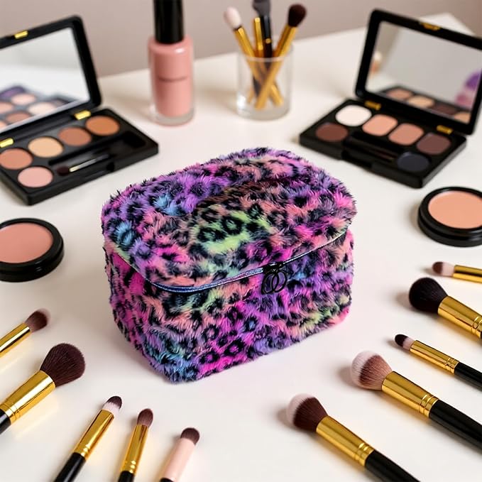imerelez Plush Makeup Bag for Women, Leopard Print Faux Fur Travel Cosmetic Organizer, 10.2 x 7 x 7 in Soft Fluffy Toiletry Bag for Makeup, Skincare and Beauty Essentials (Rainbow Leopard)