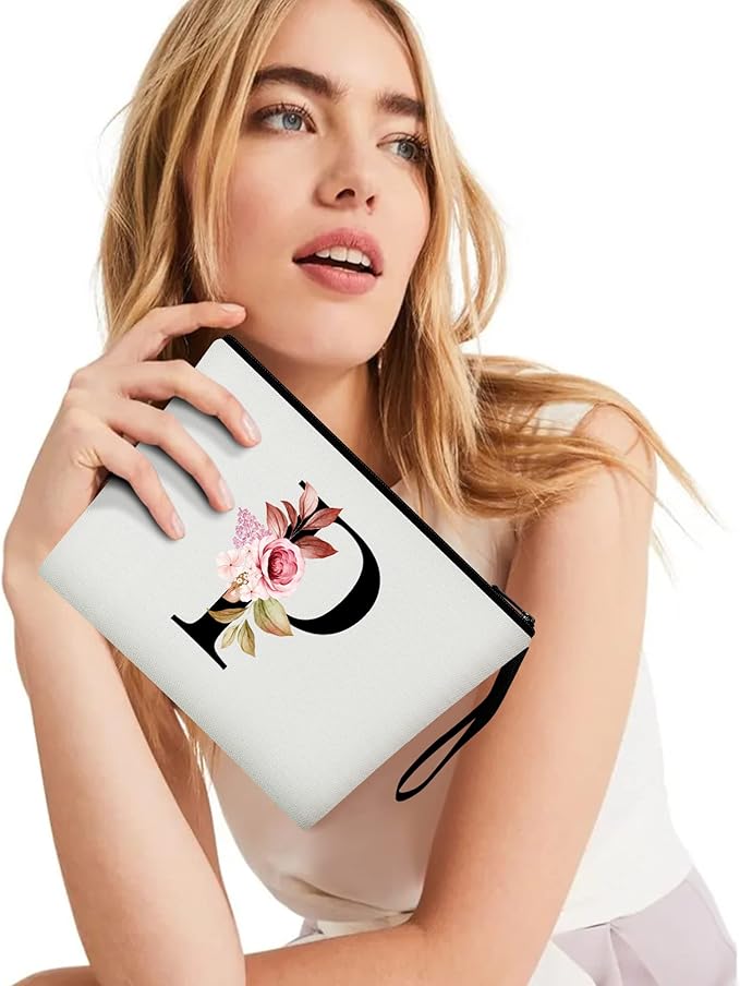 Vavabox A-Z Personalized Makeup Bag, Birthday Gifts for Women Mom, Gifts for Best Friend, Bride Bridesmaid Cosmetic bag (P, 01-White)