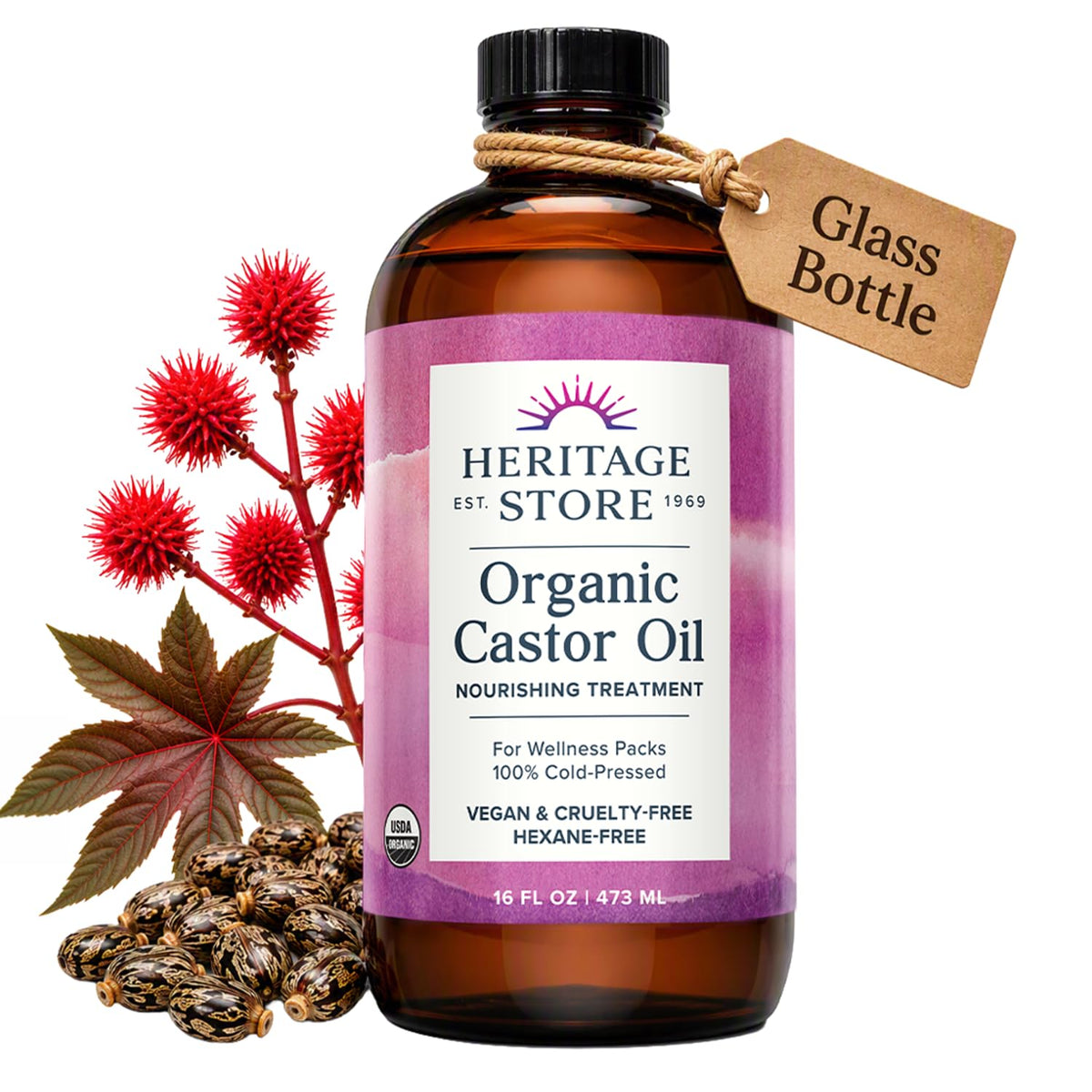 HERITAGE STORE Organic Castor Oil, Cold Pressed Hexane Free, 16 fl oz